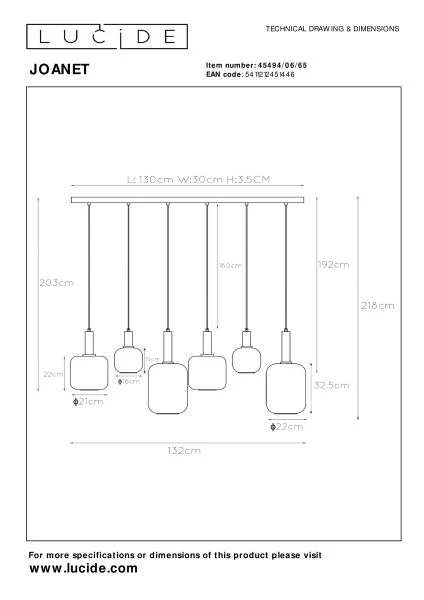 Lucide JOANET - Suspension - 6xE27 - Fumé - TECHNISCH